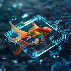 Graphic design of a goldfish swimming above a crystal clear microchip.