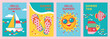© Lina_vector - Set of summer, beach and sea backgrounds with sailing yacht, flip flop, smiling sun and floating fishes. Seascape maritime abstract backdrops. Travelling, recreation, vacation. Poster, banner, flyer