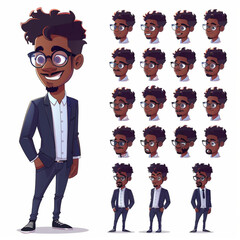 Wall Mural - Cute African American man in a business suit, character sheet with many poses and expressions