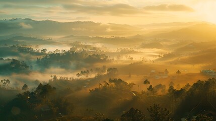 The morning landscape in the valley Da Lat, Vietnam with fog covered and sunrise background is so blurry, so beautiful and peaceful
