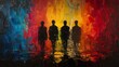 Oil painting with four dark silhouettes on a multi colored background