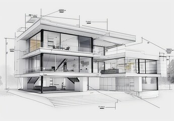 Aufkleber - Wireframe rendering of a contemporary house with technical details
