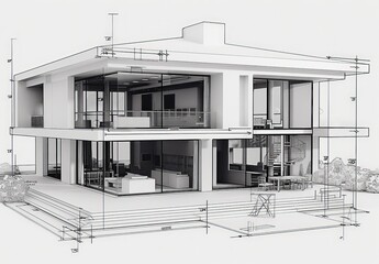 Aufkleber - Wireframe rendering of a contemporary house with technical details
