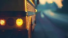 Rear Side Of Yellow School Bus With Lit Signal Lights At Twilight