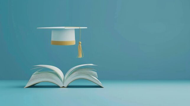 Minimal background for online education concept. Book with graduation hat on blue background. 3d rendering illustration. Clipping path of each element included