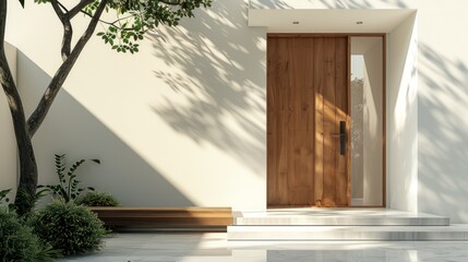 New house with wooden front door surrounded by trees Clean, modern white walls capture the essence of contemporary living. It provides a tranquil and inviting atmosphere.