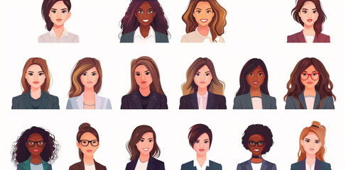 Wall Mural - Set of business women with different hair styles in a vector illustration on a white background, a character creation sheet with many body parts, facial expressions, skin tones