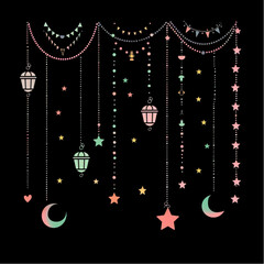 Wall Mural - set of simple vector chain garland with lanterns, stars and moon on dark background
