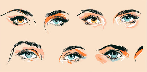 Wall Mural - set of simple vector female eyes with different eyebrows, on a beige background, using pastel colors in the style of different artists.