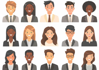 Wall Mural - Set of smiling people in business style, avatar icons on white background vector illustration with male and female character portrait