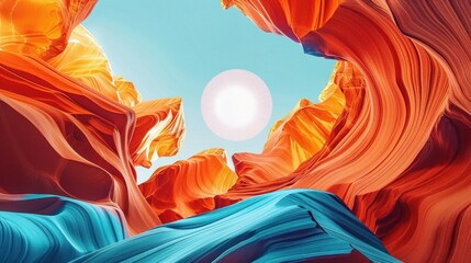 Wall Mural - Antelope canyon in Arizona, stone above and below, blue sky and sun in the middle, light blue and orange