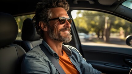 Wall Mural - Driving charm charisma: a handsome man behind the wheel of his car - showcasing the sophistication and allure of a man at the helm of his vehicle, exuding poise and power on the open road.