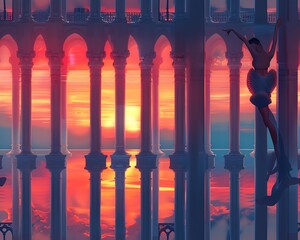Capture the majestic silhouette of a ballerina in a utopian dreamscape, using a low-angle view to enhance her grace and strength, blending dance forms with surreal elements