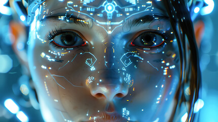 Wall Mural - A woman wears digital glasses and gazes at a holographic display. Futuristic technology and innovation. Generative AI.