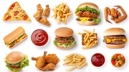 Wall Mural - All Fast Food collection set, isolated on white background. Fried chicken, fries, hamburger, turkey, hotdog, sandwich, chicken nuggets, shawarma. Junk
