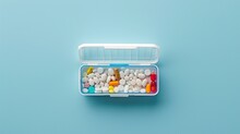 A Blue Container With A White Lid And A Variety Of Pills Inside. The Pills Are In Different Colors And Shapes