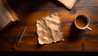 Desk top, top view, plain paper, crumpled paper, pen, coffee, book, letter, old, vintage
