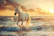 white horse running in sea at sunset majestic equine concept photo