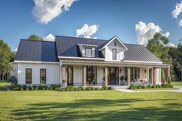 charming modern farmhouse with board and batten siding metal roof and covered front porch aigenerated exterior illustration