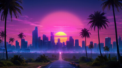 Wall Mural - Sunset over the city with palm trees and road