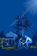 © NEW - Family planting a tree in a suburban backyard, concept for reducing carbon footprint, sunny day with a clear sky,