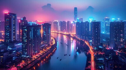 Wall Mural - cityscape at night, with illuminated buildings reflecting in the calm waters of a river winding through the urban sprawl