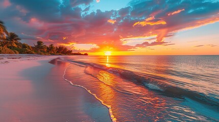 Poster - beach sunset casting a warm glow over the palm-fringed shoreline