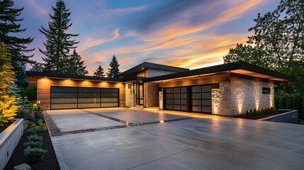 Cottage with Modern and luxurious garage with driveway and roller door created with Generative AI technology. copy space for text.