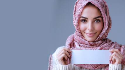 Wall Mural - Arabian woman holding empty sign for mock up text for advertisement