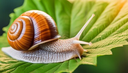 A macro closeup shot of a snail on a leaf outside in nature on a sunny day. 