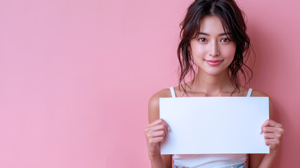 Wall Mural - Japanese woman holding empty sign for mock up text for advertisement