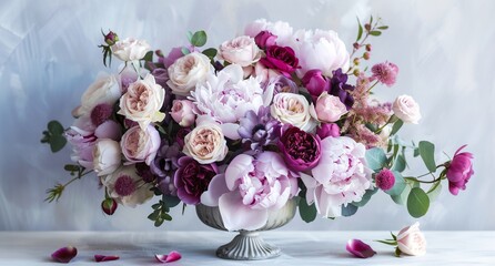 Wall Mural - a vase filled with lots of pink and purple flowers on a table