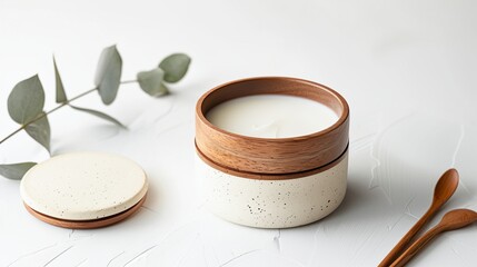 a candle and a wooden spoon on a white surface