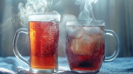 Macro shot of a sweating glass of cold drink next to a steaming mug of hot beverage