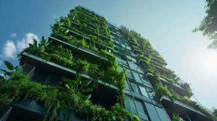 Wall Mural - Sustainable green building. Eco-friendly building. Sustainable glass building with vertical garden reducing carbon dioxide. Green architecture. Green environment. Sustainable lifestyle
