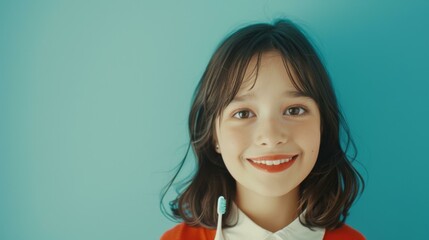 Canvas Print - A young girl with a toothbrush in her mouth smiling. Generative AI.