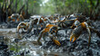 Photo realistic image of crabs scuttling through mangrove mud, showcasing biodiversity and adaptability of ecosystems.