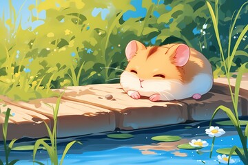 Wall Mural - a cute cartoon hamster is sleeping on the river bank