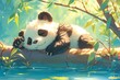 a cute cartoon panda is sleeping on the river bank