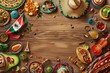 Vibrant display of Mexico Day elements, including landmarks, cuisine, and mariachi on a wooden backdrop.