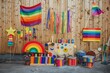 © P - Colorful Pride celebration with wooden floats, rainbow flags, and supportive signs on a wooden background