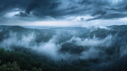 Wall Mural - dark clouds obscuring the horizon, with rain pouring down in sheets and creating a misty veil over the landscape below