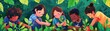 Illustrate a group of diverse, young students planting saplings in a lush, green school garden, showcasing unity amid the urgent backdrop of global warming, rendered in a detailed digital painting wit
