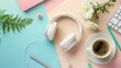 headphones with cup of coffee, office supplies and flowers generative ai