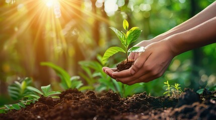 Hands nurturing a young plant with care  natural background