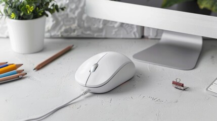 wired computer mouse and stationery on a table generative ai