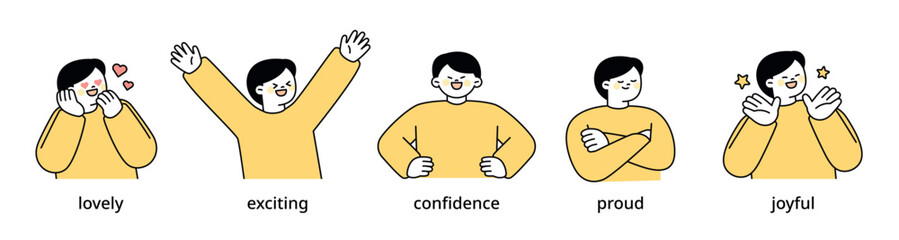 Wall Mural - boy upper body character expressing 5 different emotions - set 2. simple outline vector illustration