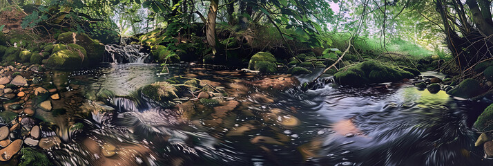 Wall Mural - illustration of the stream running through a woodland, generative AI