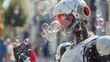 © Paul - Close-up of a robot street performer on a sunny day, blowing vibrant soap bubbles, creating a festive and lively scene