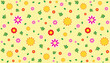 Illustration pattern, Repeating of abstract multicolor flower with leaf on soft yellow background.